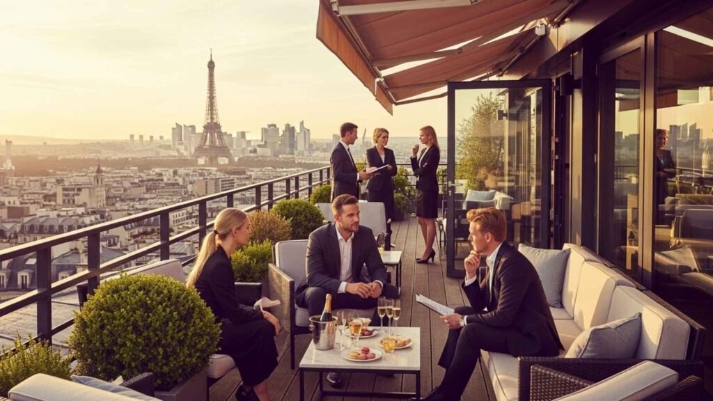 Rooftop terrace with Eiffel Tower view, elegant seating, and investors enjoying a Paris sunset.