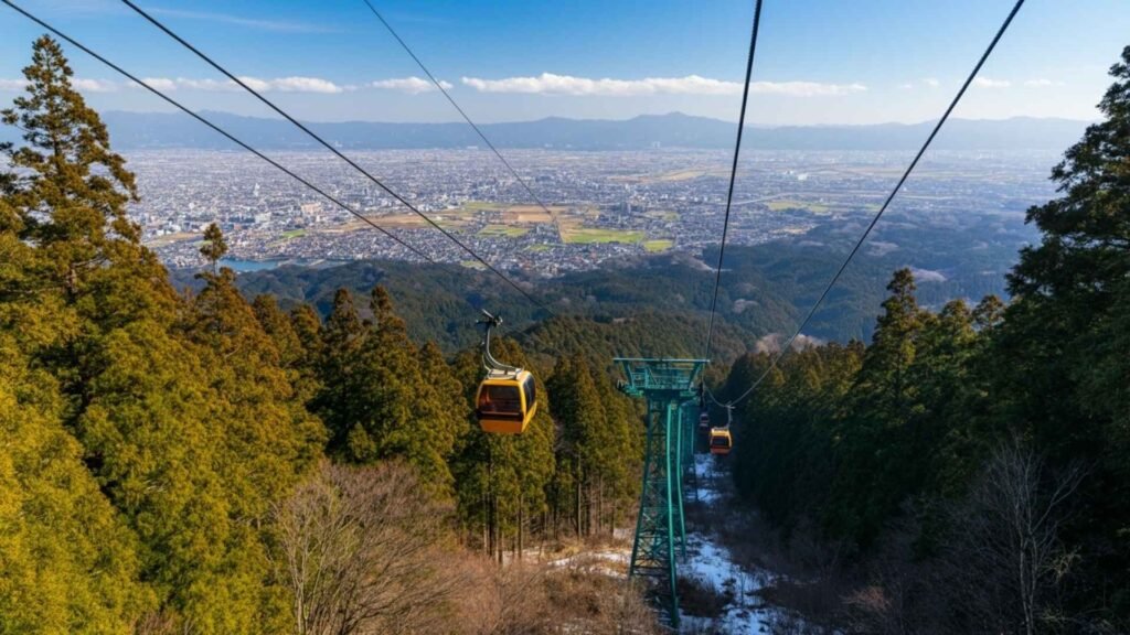 Ropeway gondola ascending Mount Shiroyama towards Iwakuni Castle with city and Nishiki River views in Iwakuni, Japan.
