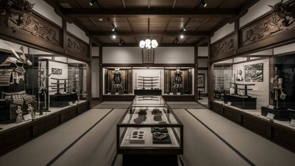 Interior view of Iwakuni Castle museum with samurai armor and swords on display in Yamaguchi, Japan.