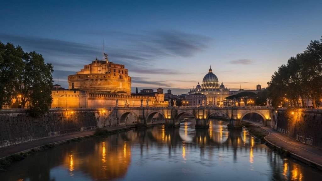 Cinematic drone view of Castel Sant’Angelo illuminated at twilight with Ponte Sant’Angelo and the Tiber River reflecting golden lights, St. Peter’s Basilica in the distance.