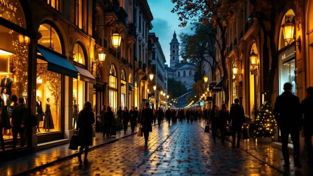 Via Condotti luxury shopping street in Rome with boutiques and autumn light