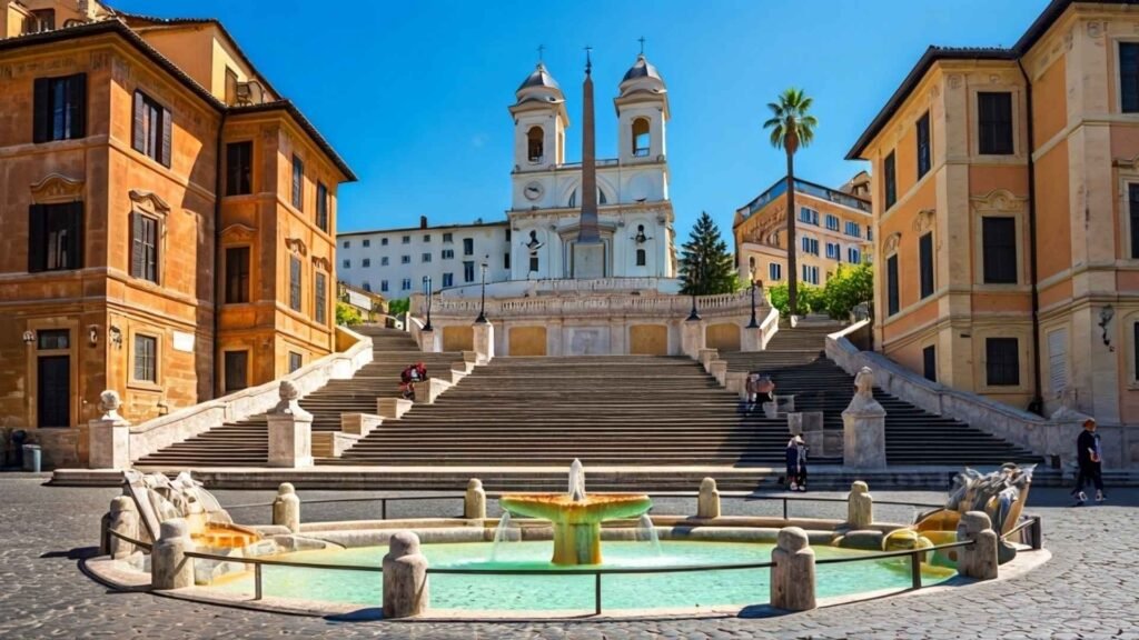 Wide-angle view of the Spanish Steps and Piazza di Spagna in Rome with tourists, the Barcaccia Fountain, and Trinità dei Monti church under sunny skies.