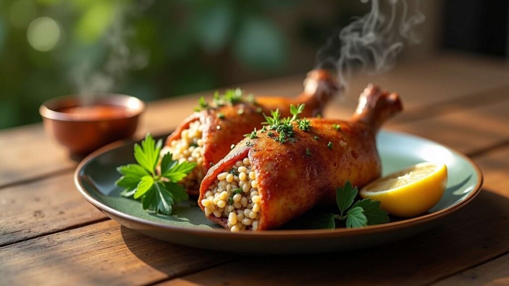 Golden roasted stuffed pigeons filled with rice and herbs, served with lemon and parsley on a ceramic plate