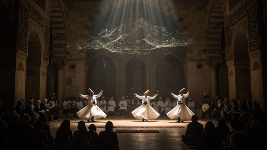 Whirling dervishes in white robes spinning with live musicians in a historic Cairo courtyard