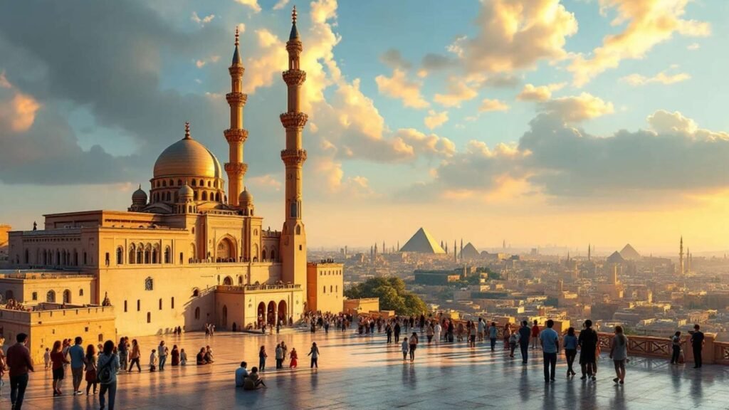 Panoramic view of the Citadel of Saladin in Cairo with the Muhammad Ali Mosque, tourists on the terrace, and the Pyramids of Giza visible in the distance at sunset.