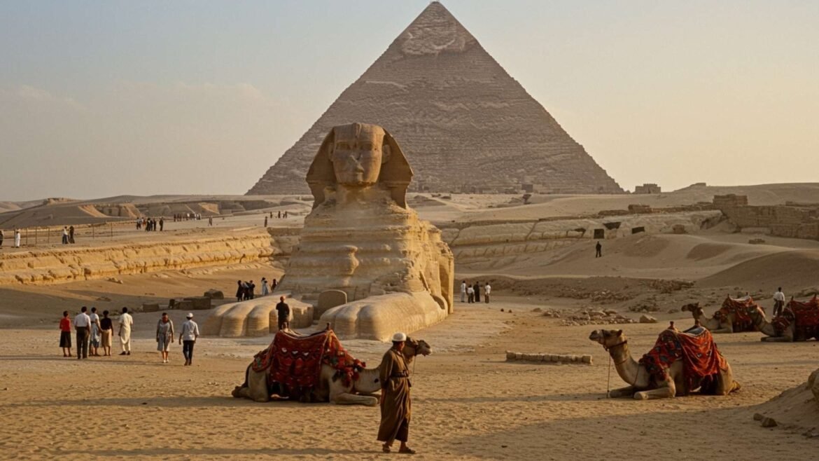 Tourists and camels near the Sphinx with the Pyramid of Giza in the background
