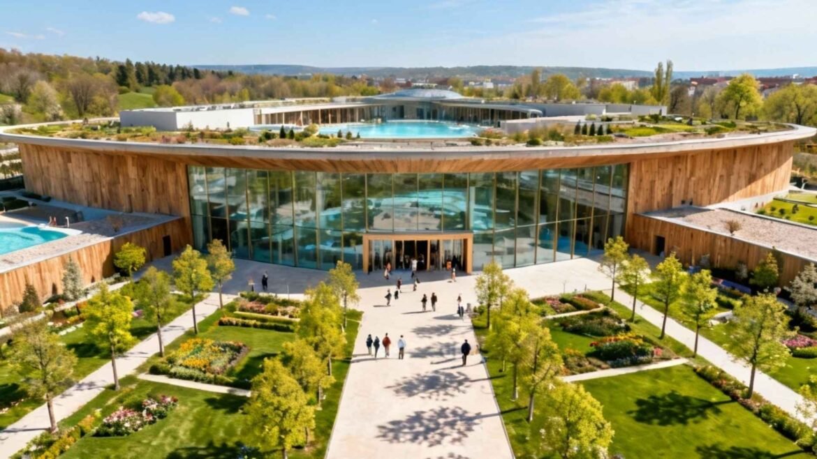 Aerial view of Therme Wien spa complex with glass façade, wooden architecture, and landscaped gardens in Vienna, Austria