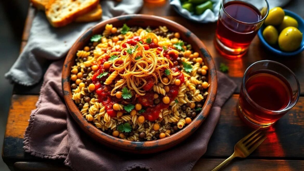 Bowl of Egyptian koshari served with tea and bread