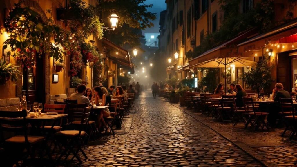Trastevere street in Rome with trattorias, people dining, and autumn charm