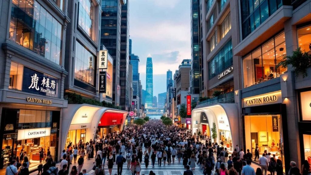 Wide-angle view of Tsim Sha Tsui’s Canton Road with luxury boutiques and tourists.
