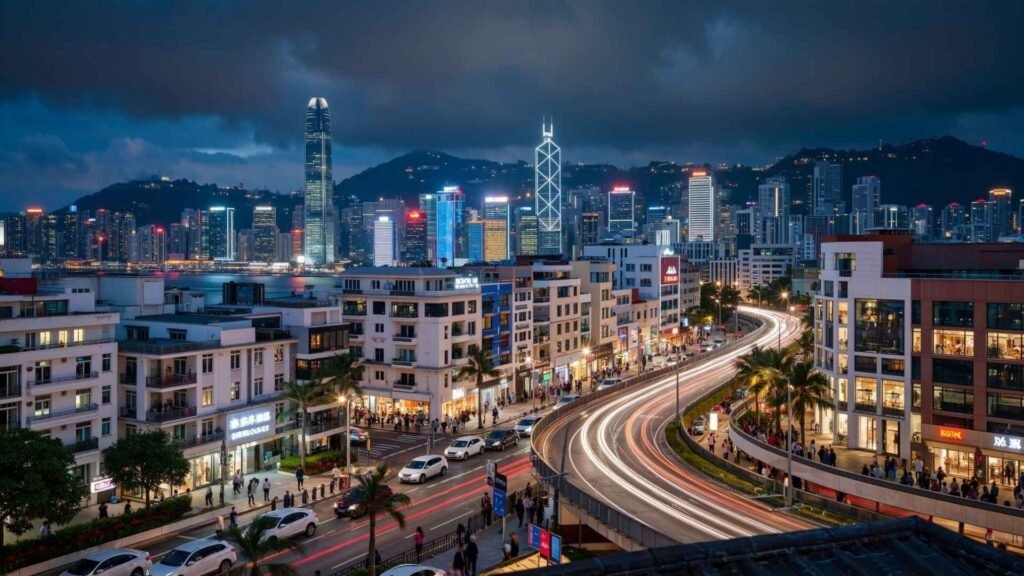 Wide-angle view of Tsim Sha Tsui’s Canton Road with luxury boutiques and tourists.