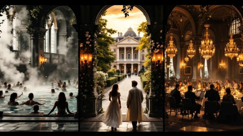 Composite image showing thermal baths, Schönbrunn Palace, and a classical concert in Vienna, Austria