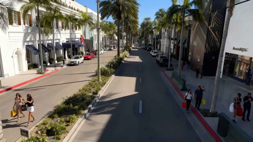 A sunny aerial view of Rodeo Drive in Beverly Hills showing people walking along palm-lined streets surrounded by luxury boutiques.