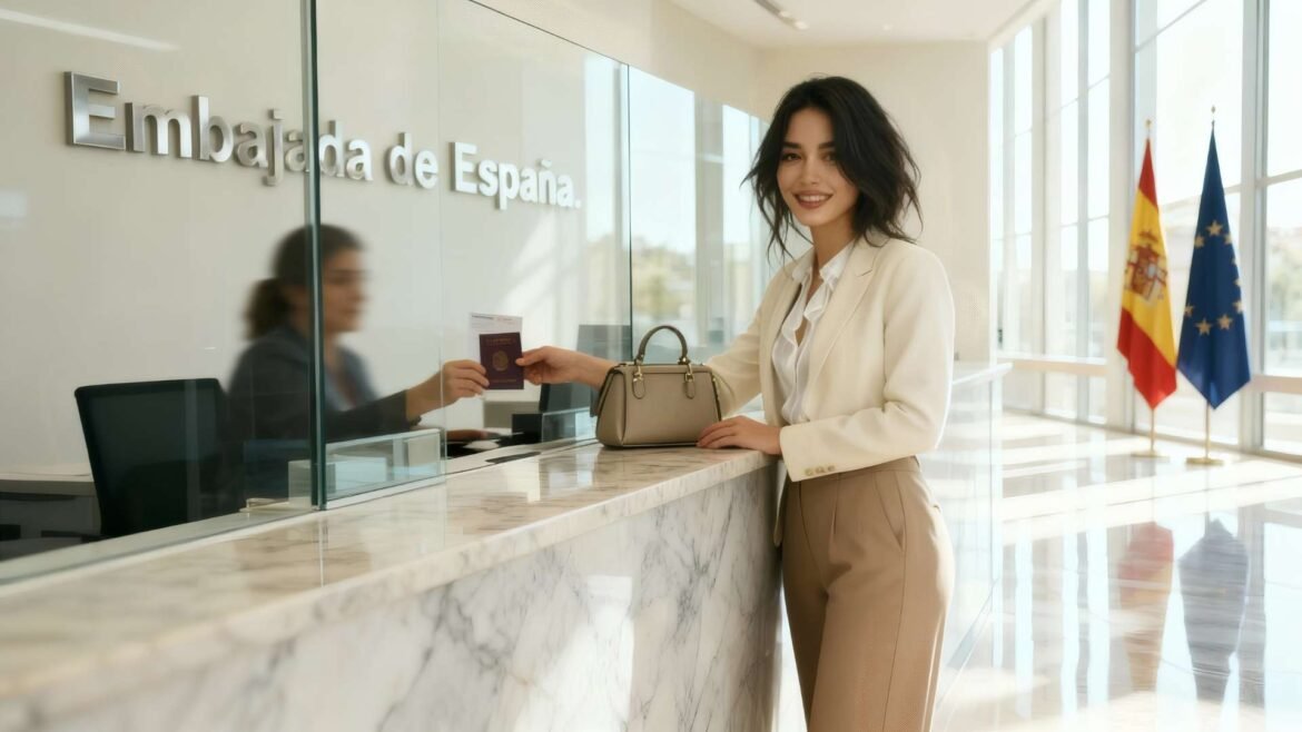 Smiling woman submitting her passport at the Spanish Embassy counter, standing in a bright modern office with Spain and EU flags in the background