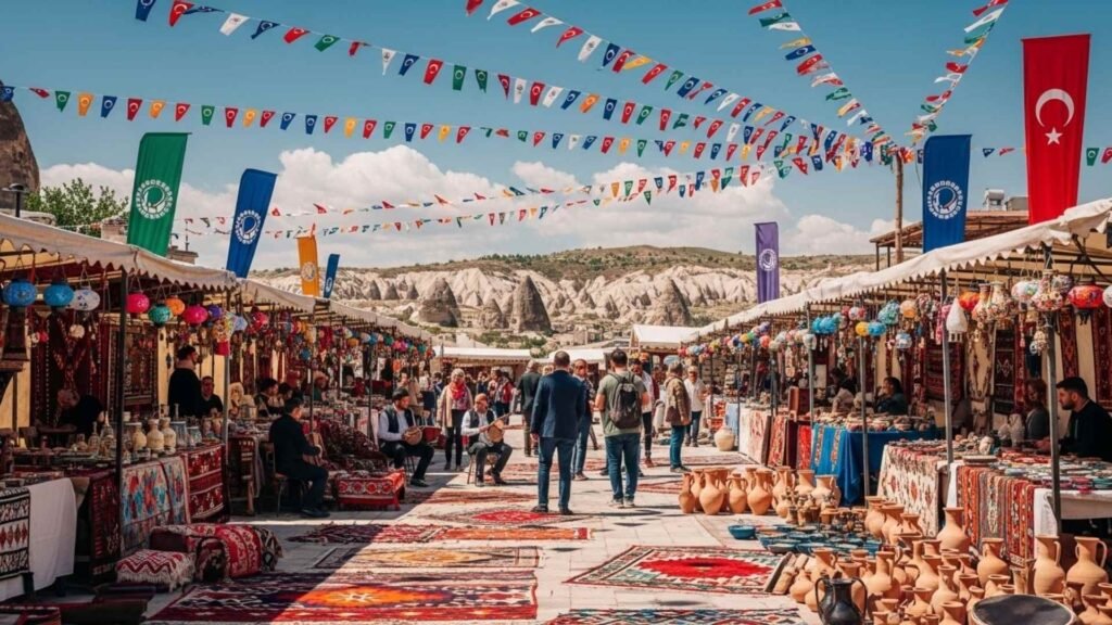 Market stalls in Avanos displaying pottery, carpets, and traditional crafts with colorful flags overhead.