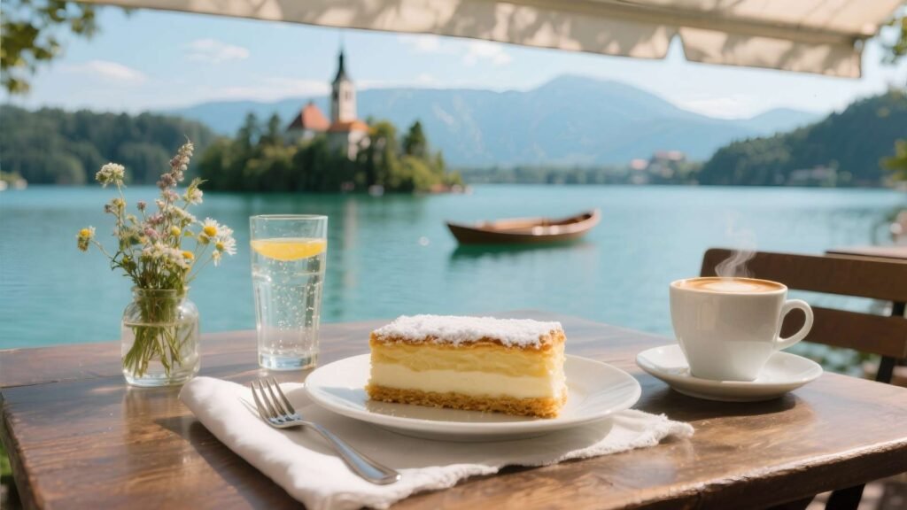 Traditional Bled Cream Cake dessert on a table with lake view and coffee in the background.
