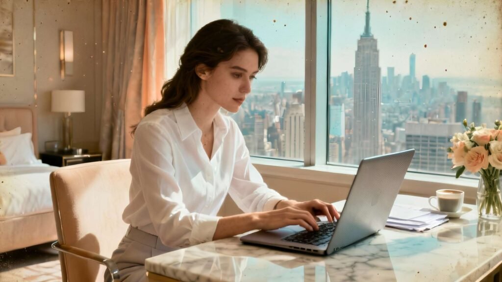 Female business traveler working on a laptop in a boutique hotel suite with Empire State Building view.