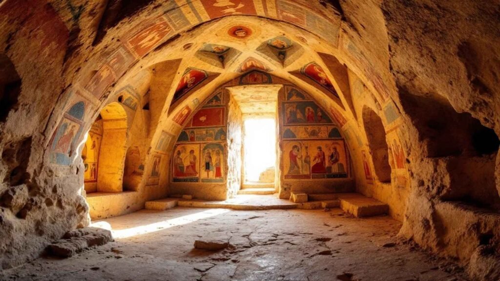 Interior of a rock-hewn church in Göreme Open-Air Museum with colorful Byzantine frescoes.