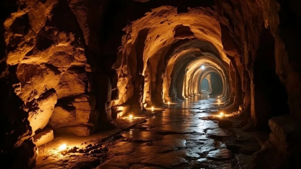 Ancient stone tunnel in Cappadocia lit by warm lights along the pathway.