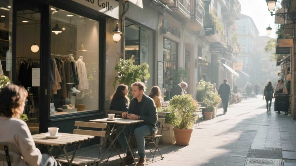 People strolling along Claudio Coello Street in Madrid, exploring boutique stores and cafés under warm sunlight.
