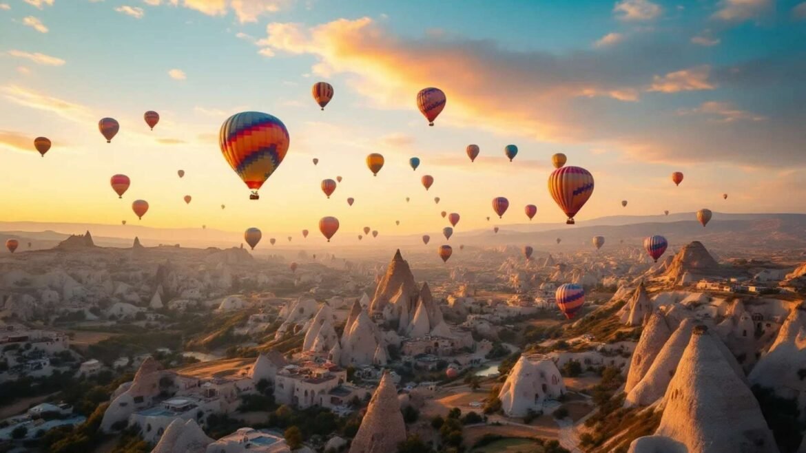 Dozens of hot air balloons floating above Cappadocia’s fairy chimneys and valleys at sunrise.