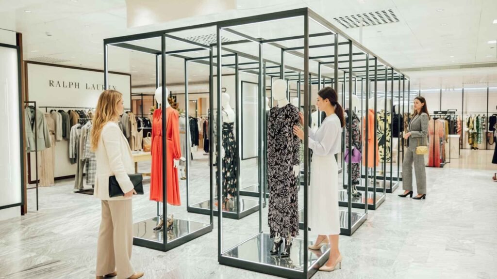 Three stylish young women explore couture dresses inside a luxury fashion boutique on Calle Serrano, Madrid. The elegant interior features marble floors, glass displays, and designer garments under warm golden lighting.