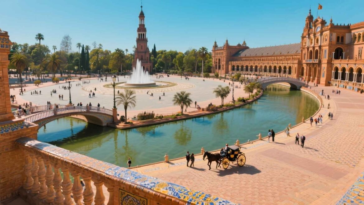 Elevated panoramic view of Plaza de España in Seville, Spain, showing the curved canal, tiled bridges, and Renaissance architecture under sunny skies
