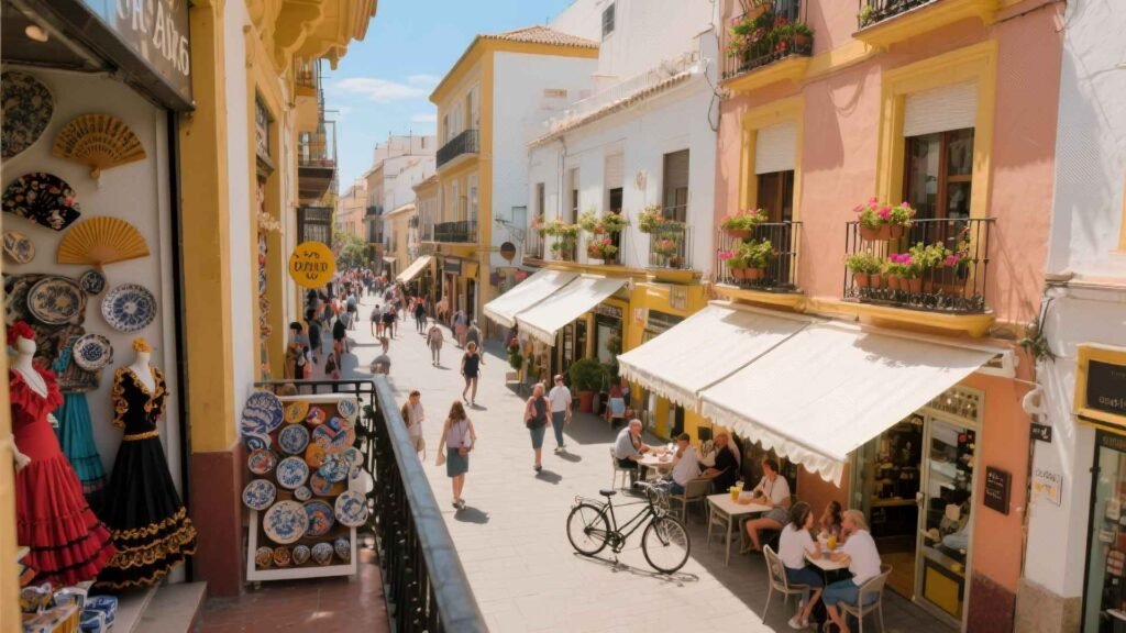 Elevated street view of a lively shopping area in Seville with tourists walking, colorful Andalusian buildings, and outdoor cafés under white canopy shades