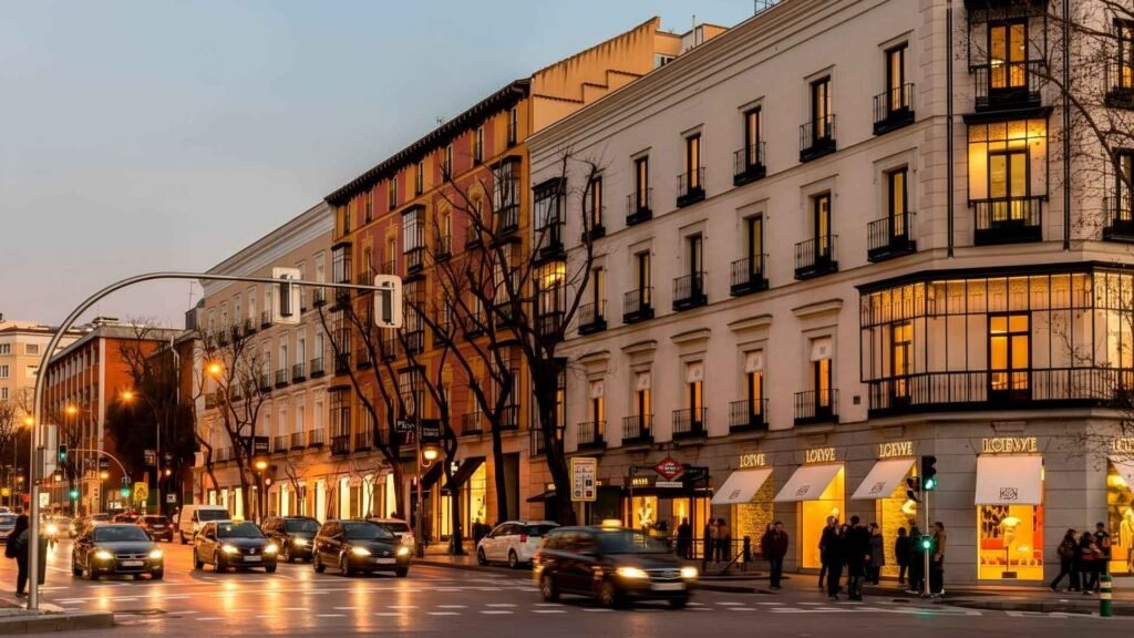 Elegant evening view of Calle de Goya in Madrid with illuminated boutiques, pedestrians, and cars under a golden sunset sky.