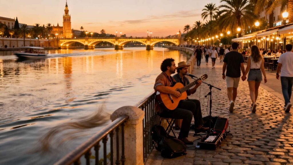 People walking along the Guadalquivir River at sunset in Seville with street musicians playing guitar near Triana Bridge