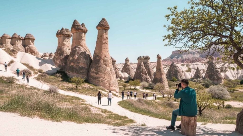Tourists exploring the unique fairy chimney rock formations in Paşabağ Valley, Cappadocia, under clear blue skies.