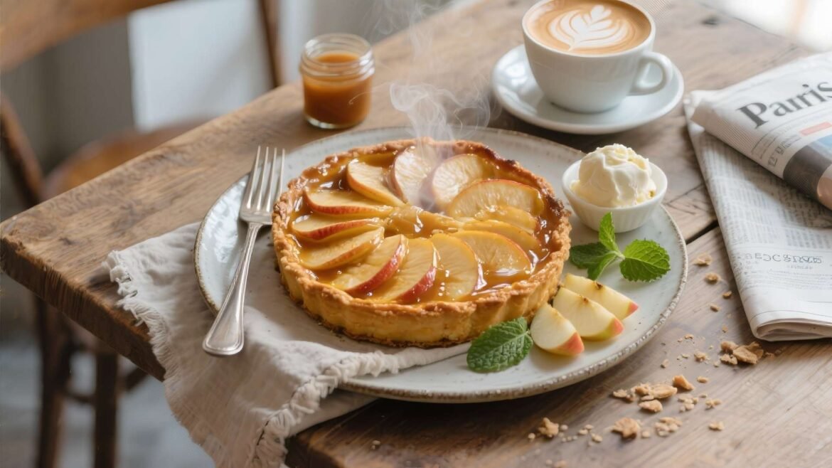 A golden caramelized Tarte Tatin served with vanilla ice cream on a rustic table.