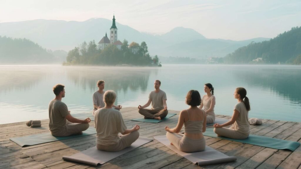 A yoga instructor leads a small group during a sunrise session on a wooden deck by Lake Bled, Slovenia, with participants sitting cross-legged facing the instructor.
