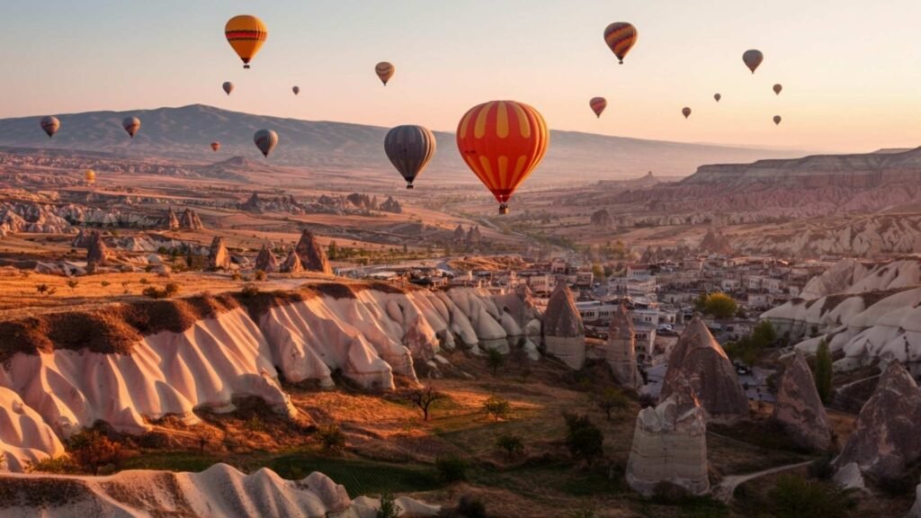 Aerial view of colorful hot air balloons flying above Göreme’s fairy chimneys at sunrise.