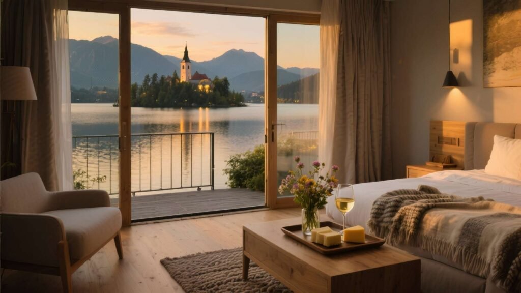 Warm evening sunlight fills a boutique hotel room overlooking Lake Bled, Slovenia, with a view of the island church and castle at sunset.
