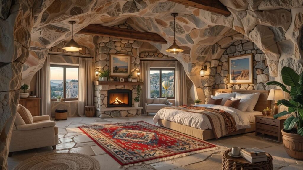 Stylish cave hotel room with stone walls, fireplace, and scenic window views of Cappadocia.