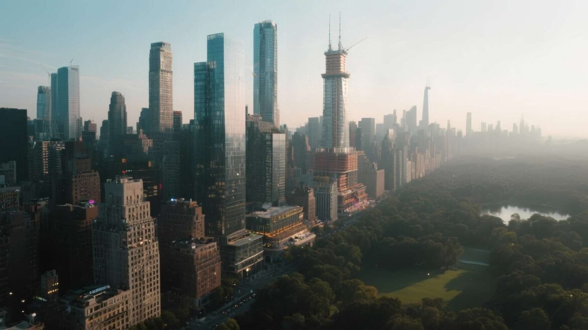Daytime aerial view of Midtown Manhattan showing skyscrapers, hotels, and Central Park.