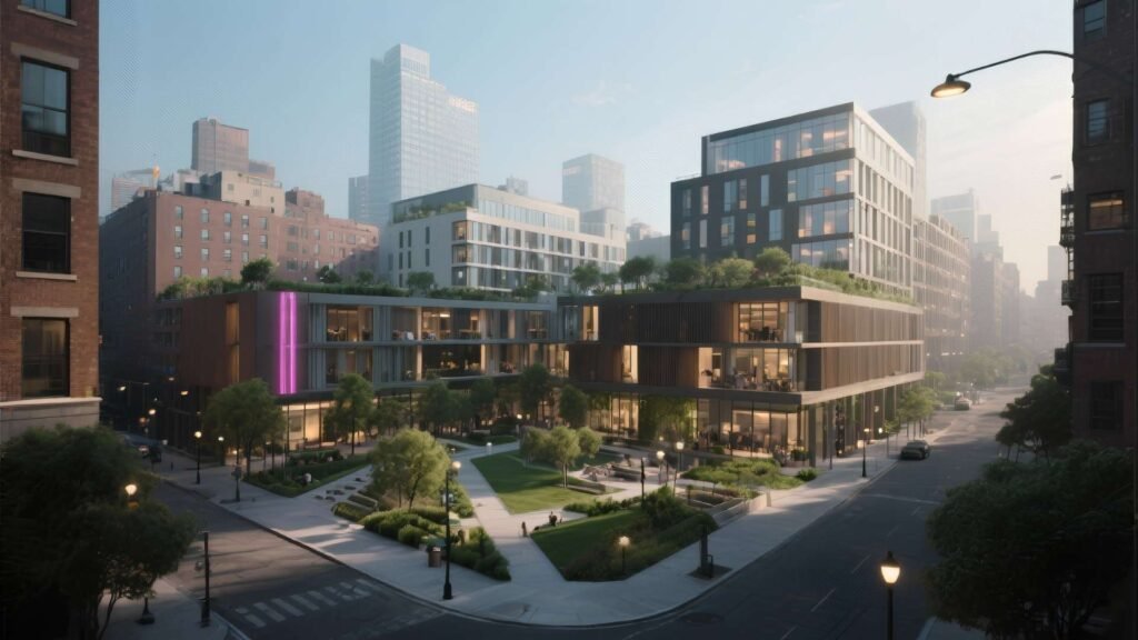 Modern mixed-use complex with green terraces and offices in New York City.