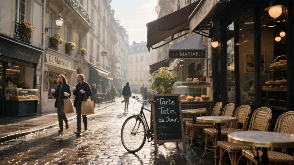 A golden morning scene in Le Marais District, Paris, with cobblestone streets, cafés, and historic architecture.