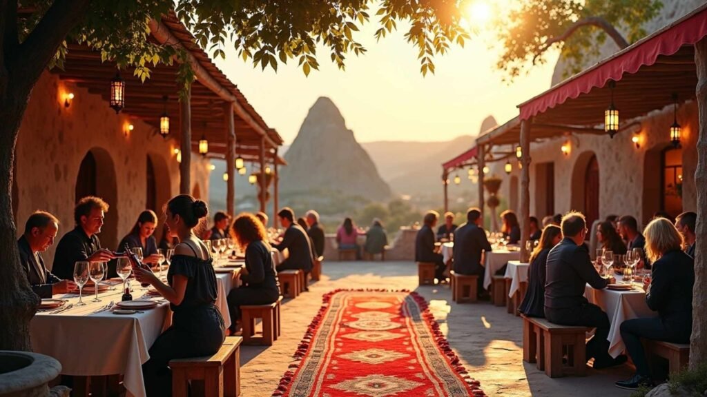 Tourists dining outdoors at a traditional Cappadocia restaurant with sunset views of fairy chimneys.