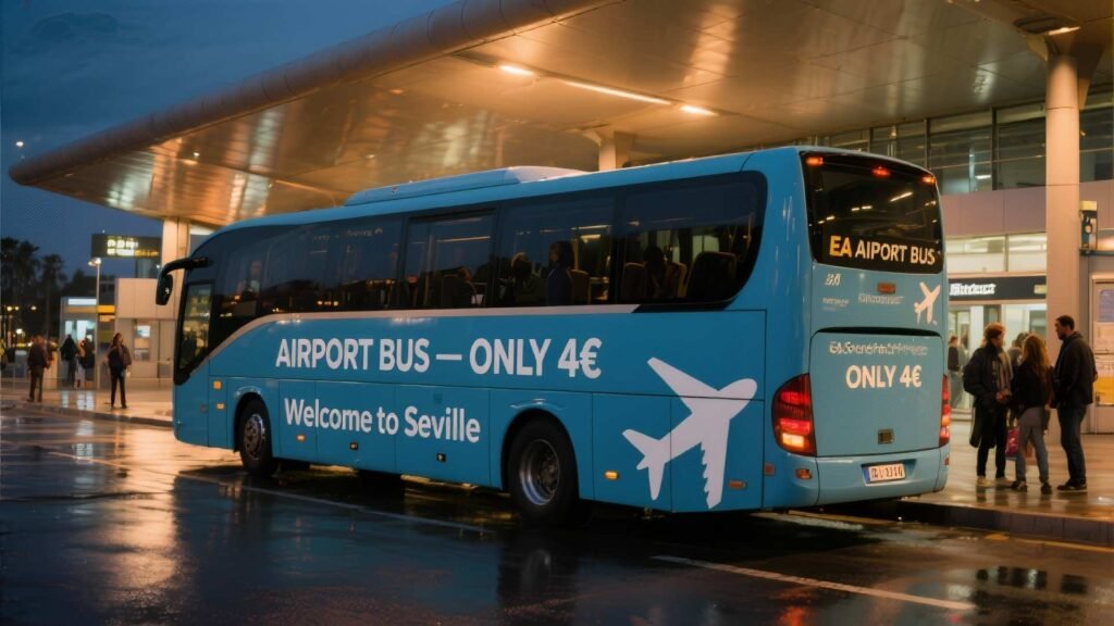 EA Airport Bus parked at Seville Airport terminal at night, showing airplane graphics and city transport signage