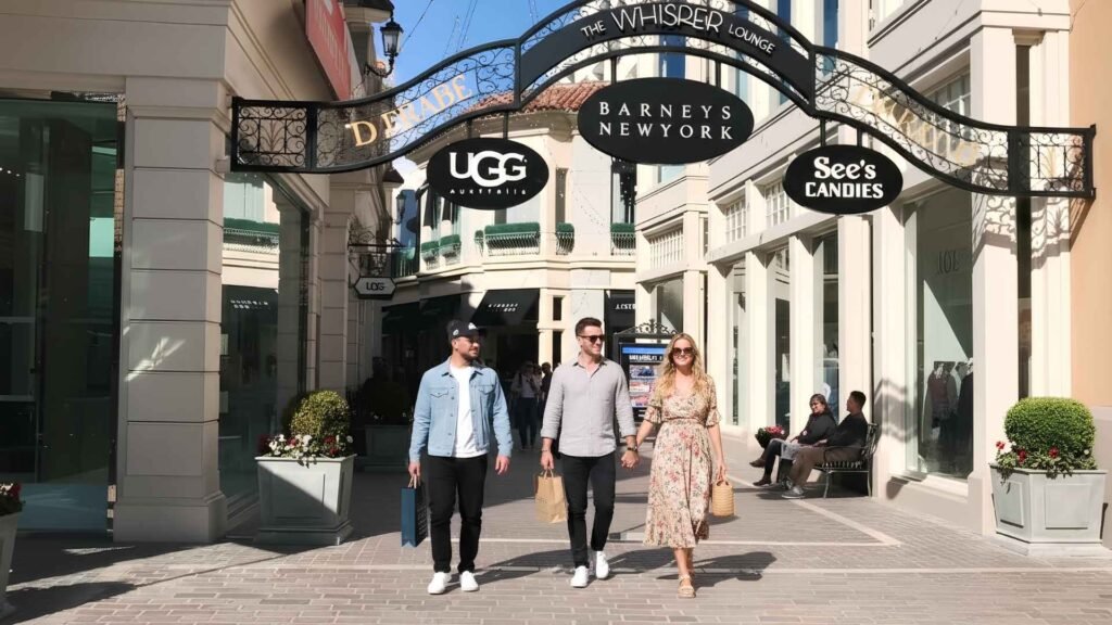 Couple walking along The Grove in Los Angeles, surrounded by designer boutiques like UGG Australia and Barneys New York on a sunny day.
