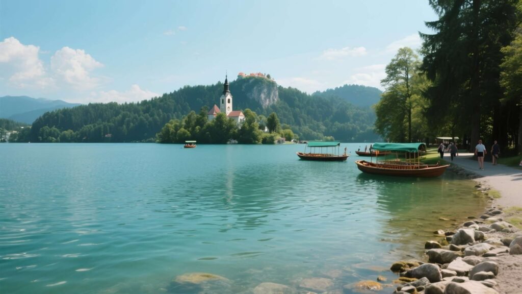 View of Lake Bled, Slovenia, from the shore on a sunny summer day with turquoise water, boats, and the island church in the distance.