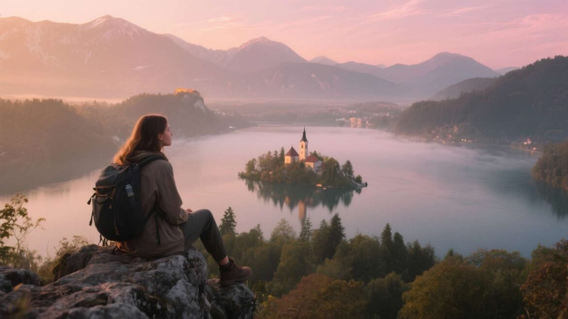 Panoramic sunrise view from Ojstrica viewpoint showing Lake Bled, island church, and castle with reflections.