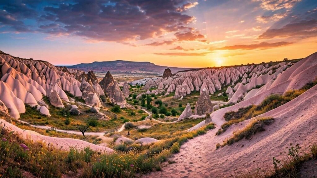 Panoramic view of Rose Valley’s pink-hued rock formations at sunset with wildflowers in the foreground.