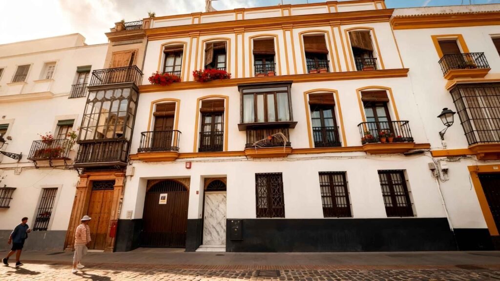 Front view of a traditional Andalusian-style apart hotel in Seville, Spain, with white walls, ochre trims, and iron balconies adorned with flower pots