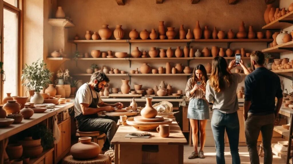 Artisan shaping clay on a potter’s wheel as visitors watch and take photos in Avanos.