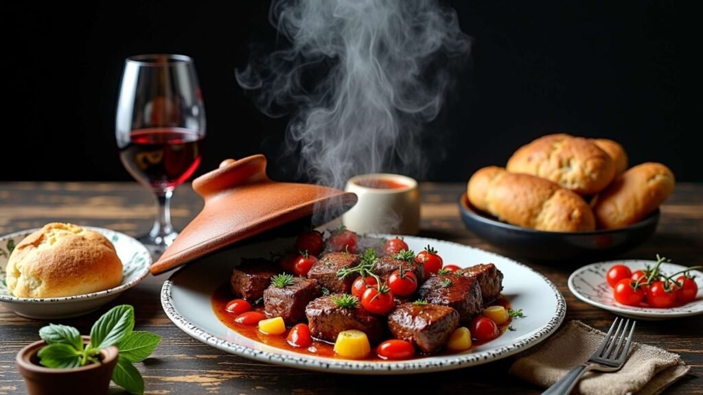 Hot clay pot dish with tender meat, cherry tomatoes, and bread rolls served with red wine.