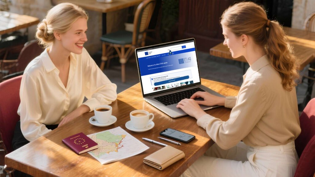 Two stylish young women reviewing their ETIAS application together at a café table in Europe, surrounded by natural morning light and warm travel atmosphere.
