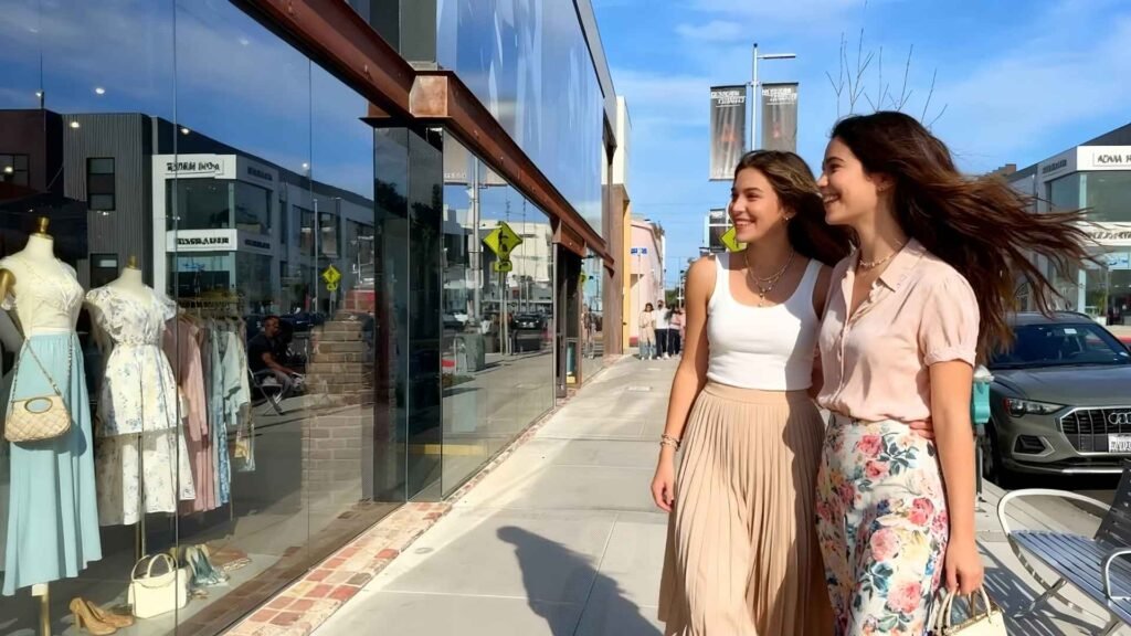 Two young women in skirts and light blouses smiling as they look at a boutique window display on Melrose Avenue in Los Angeles on a sunny afternoon.